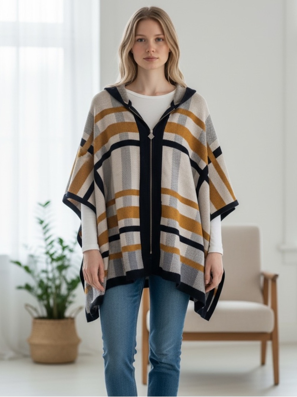 Anne Klein Black, Mustard & Cream Striped Plaid Hooded Zip Poncho Sweater